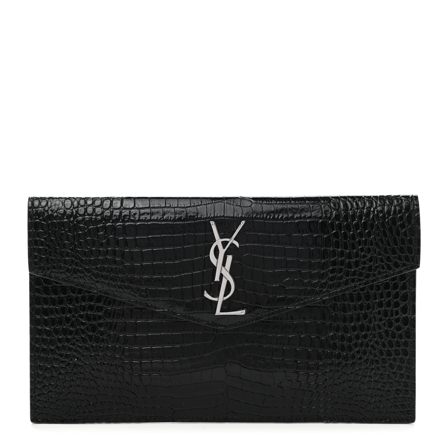 Saint Laurent Calfskin Crocodile Embossed Uptown Monogram Pouch Black 1 of 7