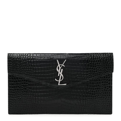 Saint Laurent Calfskin Crocodile Embossed Uptown Monogram Pouch Black 1 of 7