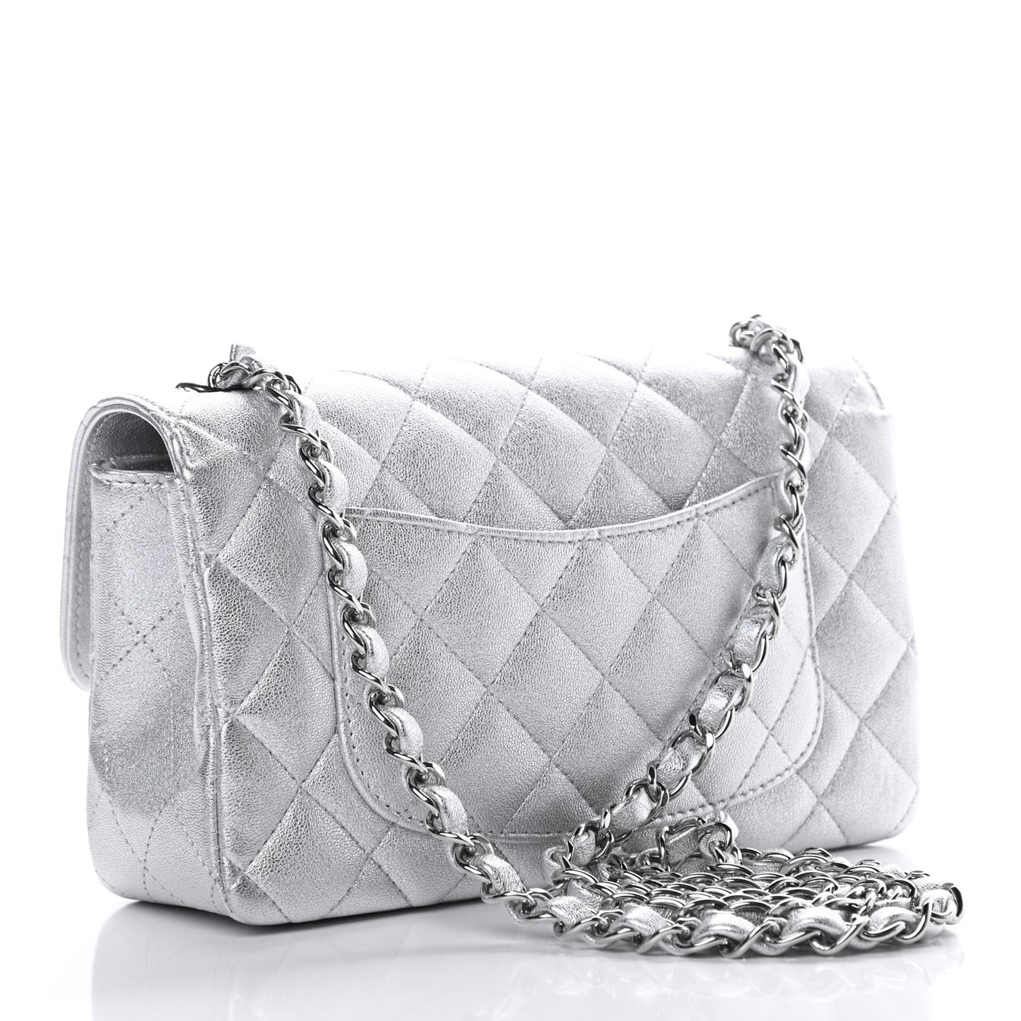 Metallic Lambskin Quilted Mini Rectangular Flap Silver