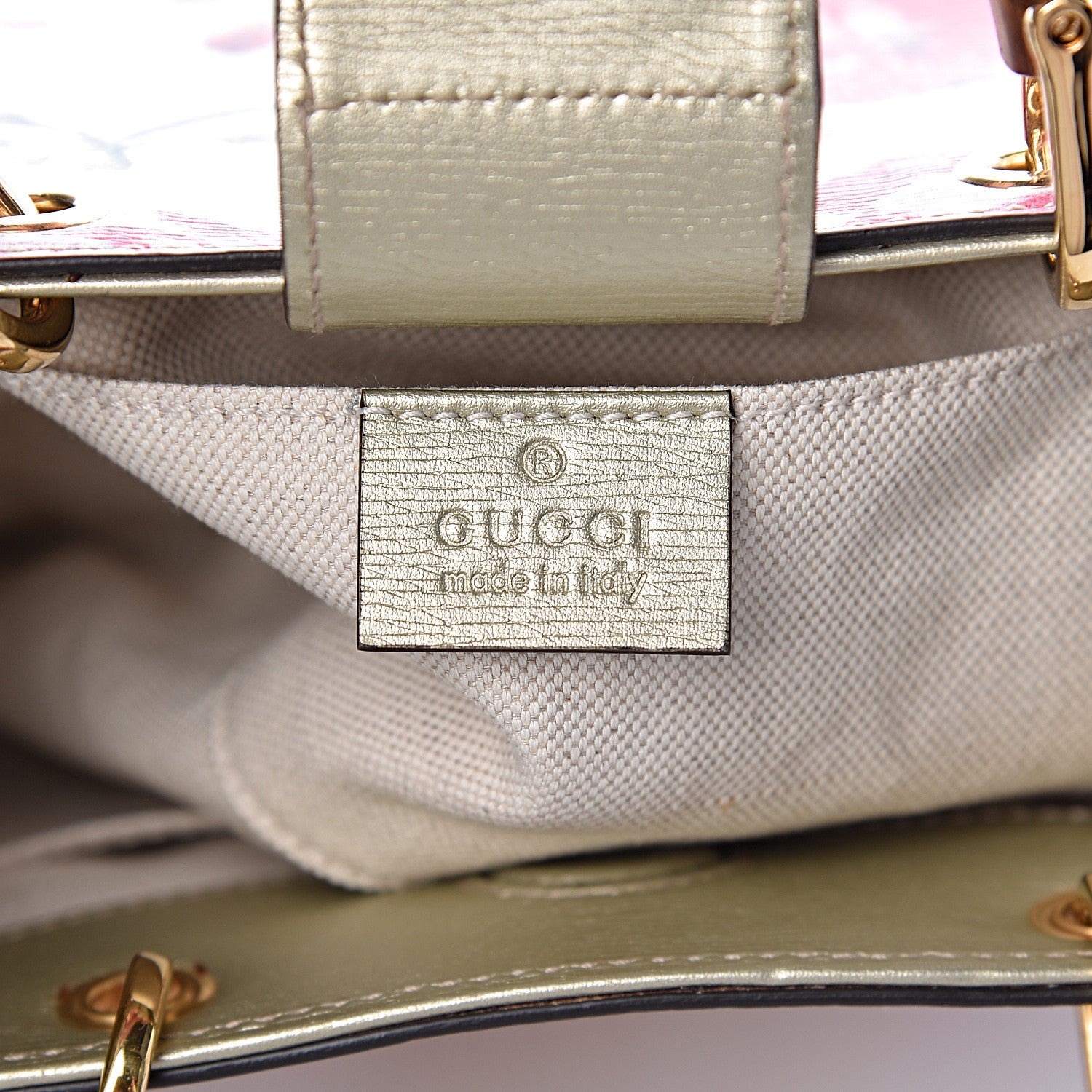 Gucci Metallic Shangai Calfskin Blooms Print Mini Bamboo Shopper Tote Gold Multicolor 6 of 10