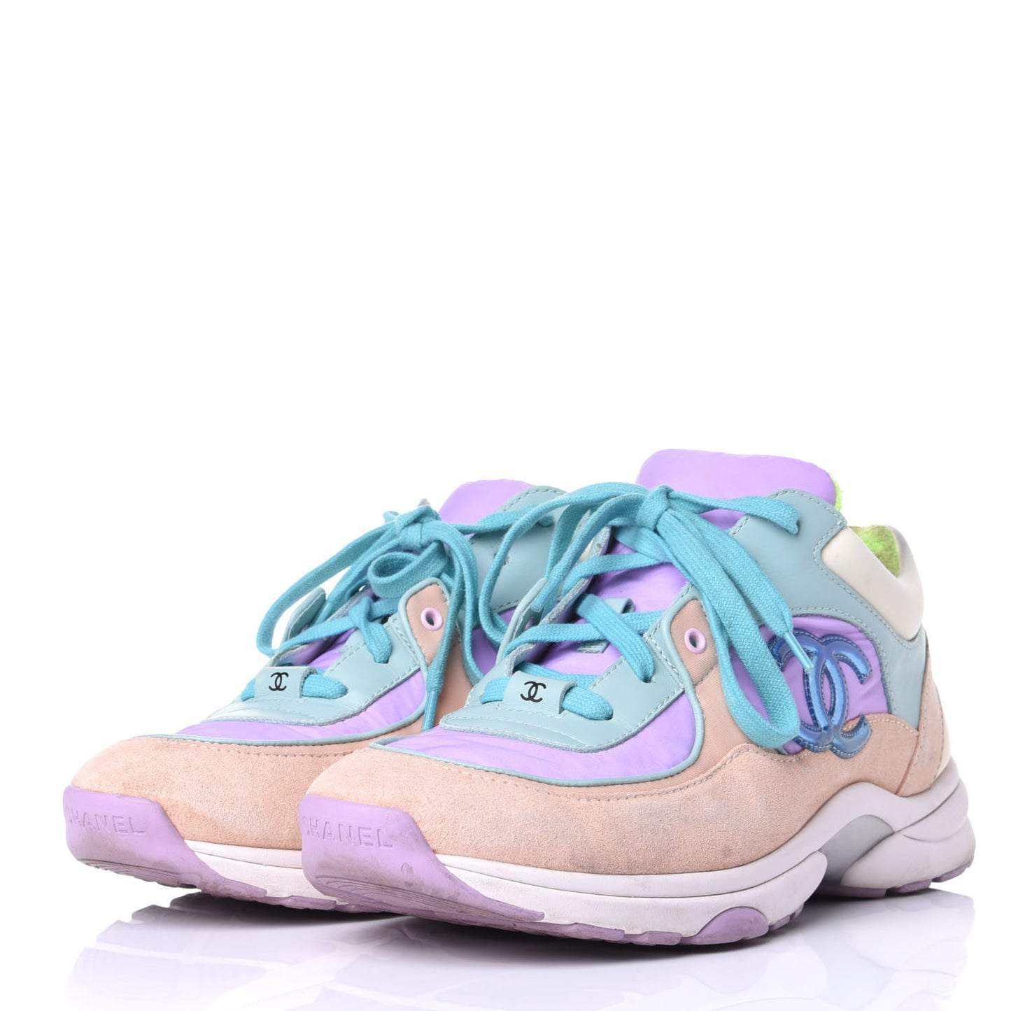 Nylon Lambskin Suede Calfskin CC Sneakers 39 Green Purple Pink