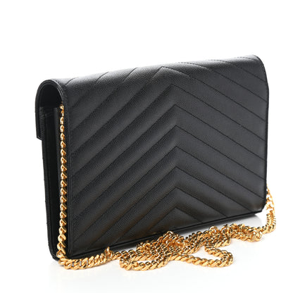 Saint Laurent Grain De Poudre Matelasse Chevron Monogram Chain Wallet Black 3 of 9