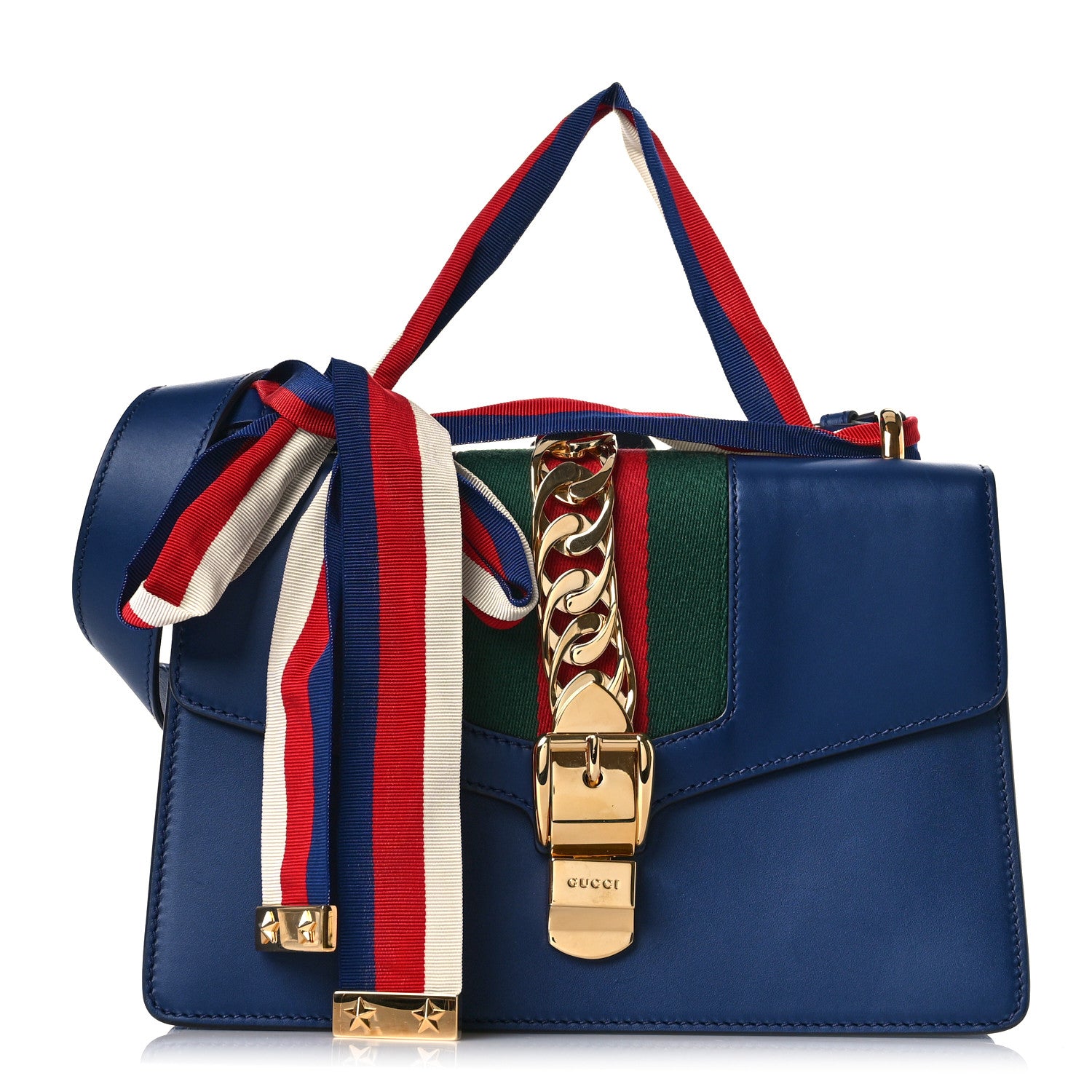Gucci Vitello Fontanella Web Small Sylvie Shoulder Bag Blue Agata 1 of 9