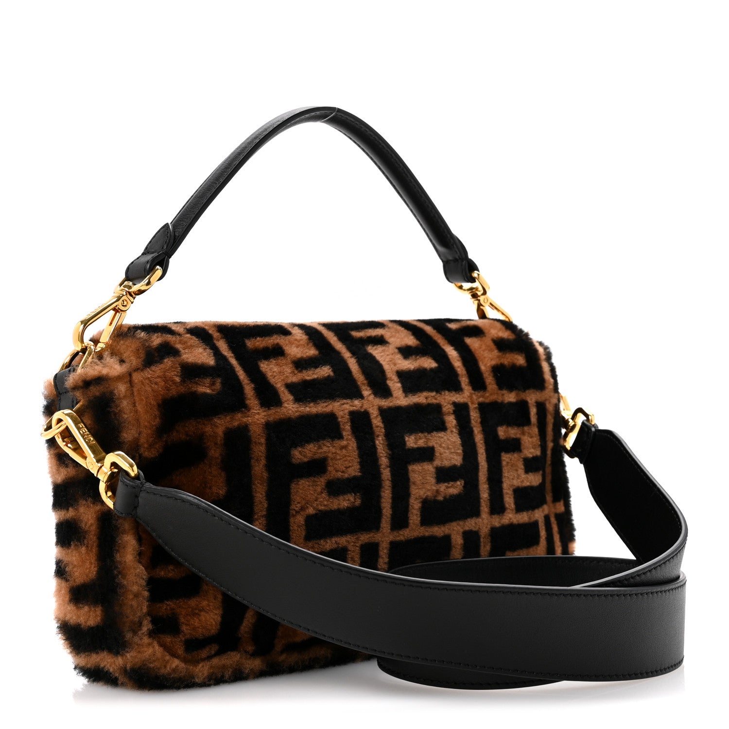 Fendi Shearling Vitello Dolce Macro FF 1974 Baguette Tobacco Black 3 of 10