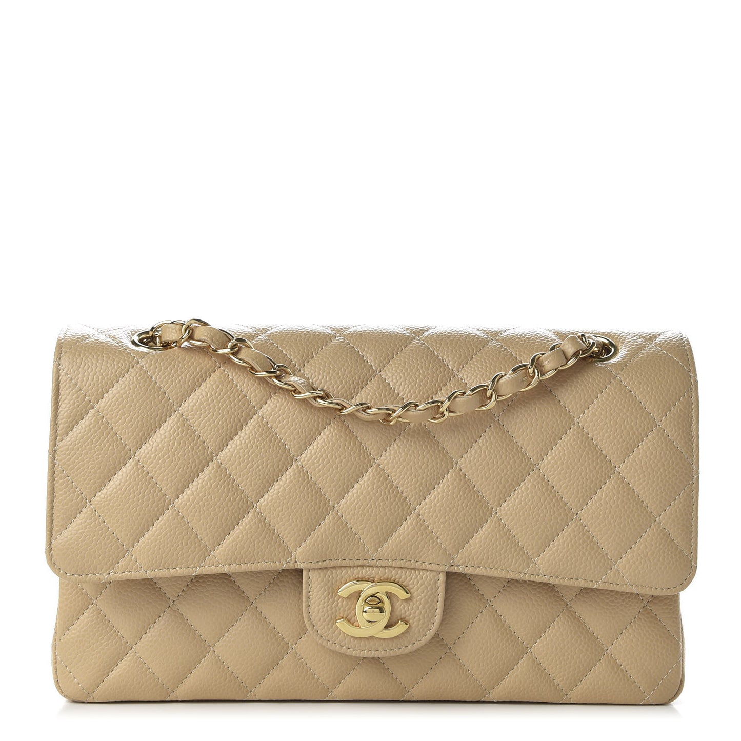 Caviar Quilted Medium Double Flap Beige