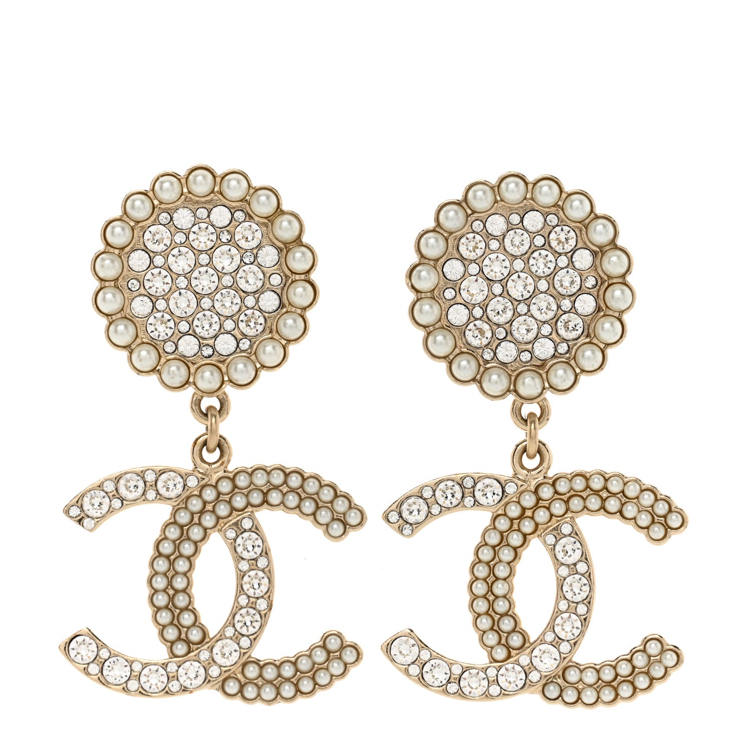 Chanel Crystal Pearl CC Drop Round Earrings Gold 1 of 4