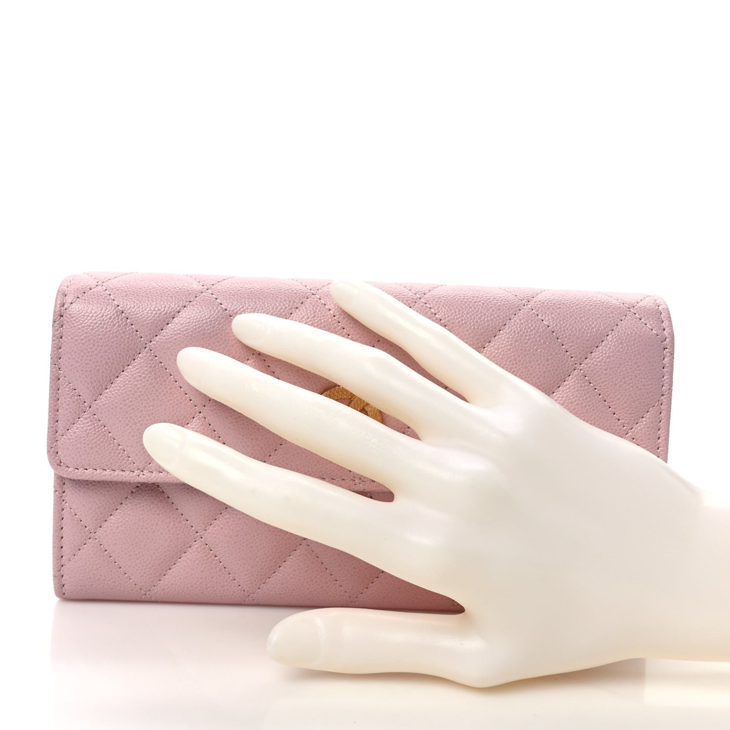 Caviar Quilted Studded CC Large Gusset Flap Wallet Light Pink