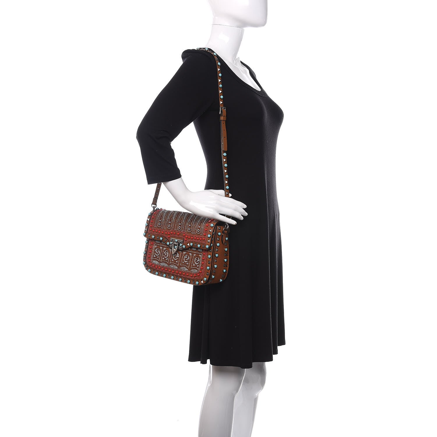 Valentino Garavani Calfskin Embroidered Medium Guitar Strap Rockstud Rolling Flap Saddle Bag Light Cuir 4 of 13