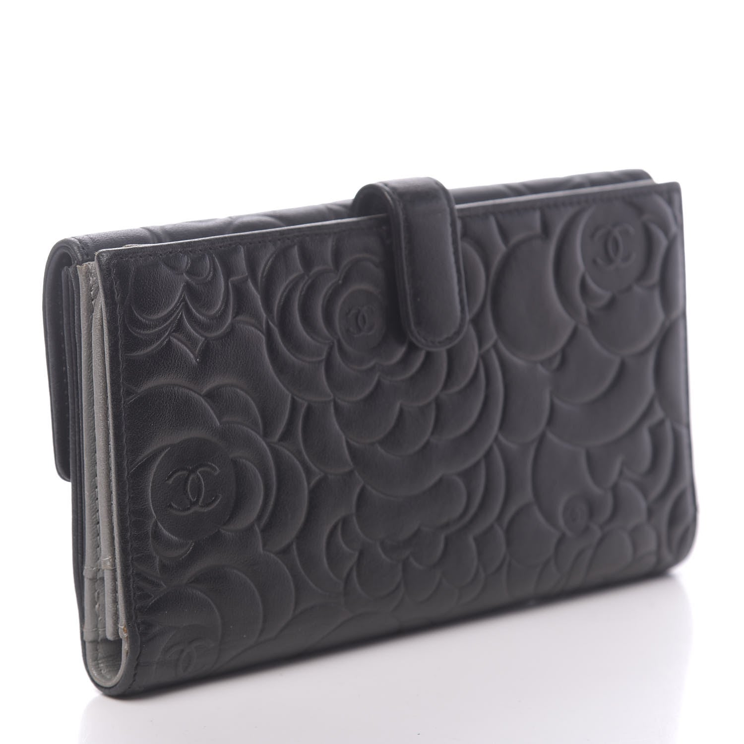 Chanel Lambskin Embossed Camellia Large Gusset Flap Wallet Black 3 of 11
