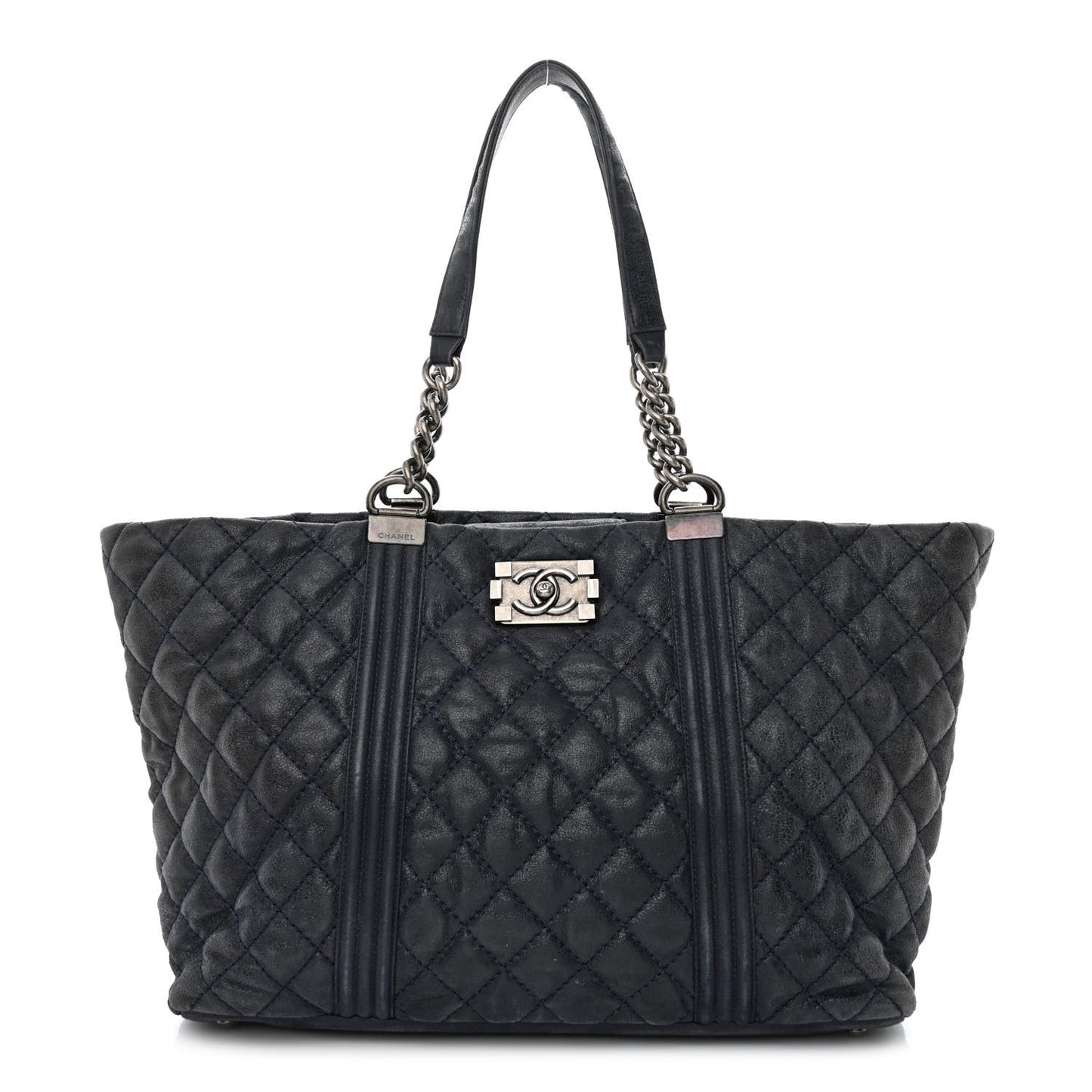 Iridescent Calfskin Quilted Large Gentle Boy Shopping Tote Navy