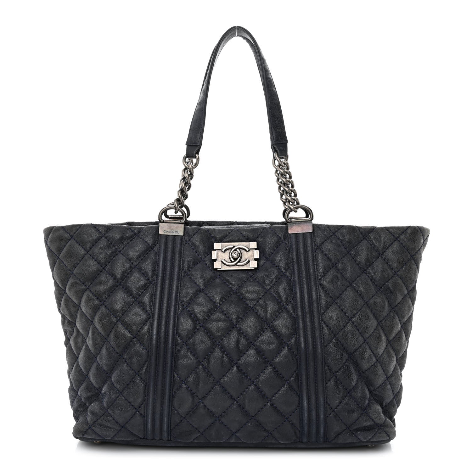 Chanel Iridescent Calfskin Quilted Large Gentle Boy Shopping Tote Navy 1 of 11