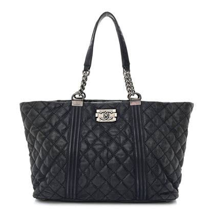 Chanel Iridescent Calfskin Quilted Large Gentle Boy Shopping Tote Navy 1 of 11