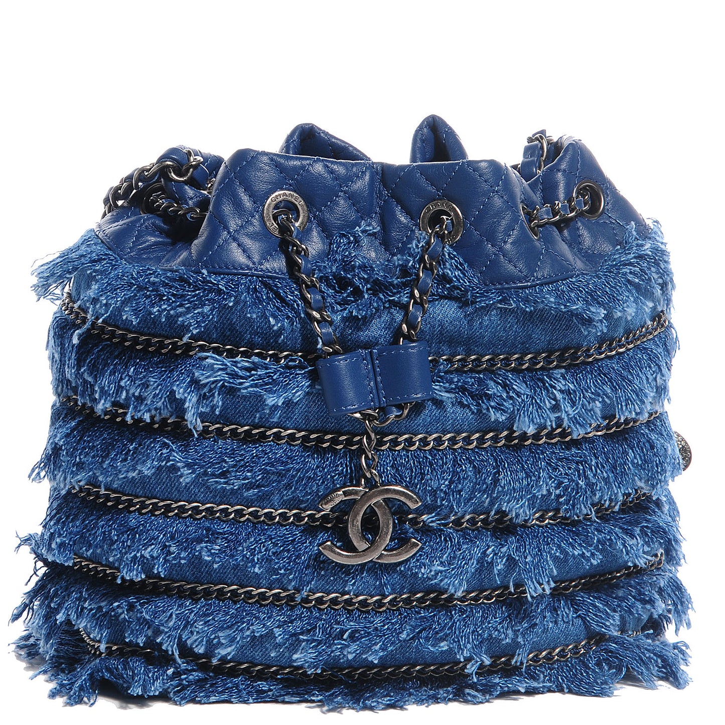 Calfskin Fringe Chains CC Denim Drawstring Bucket Bag Blue