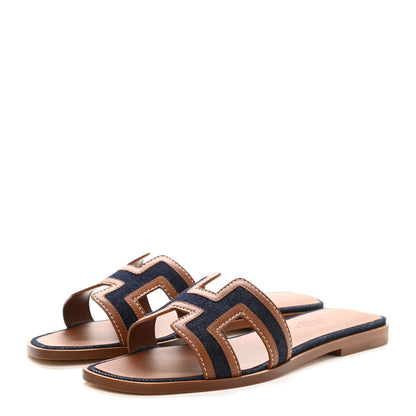 Hermes Calfskin Denim Oran Sandals 37 Bleu Brut Gold 3 of 9