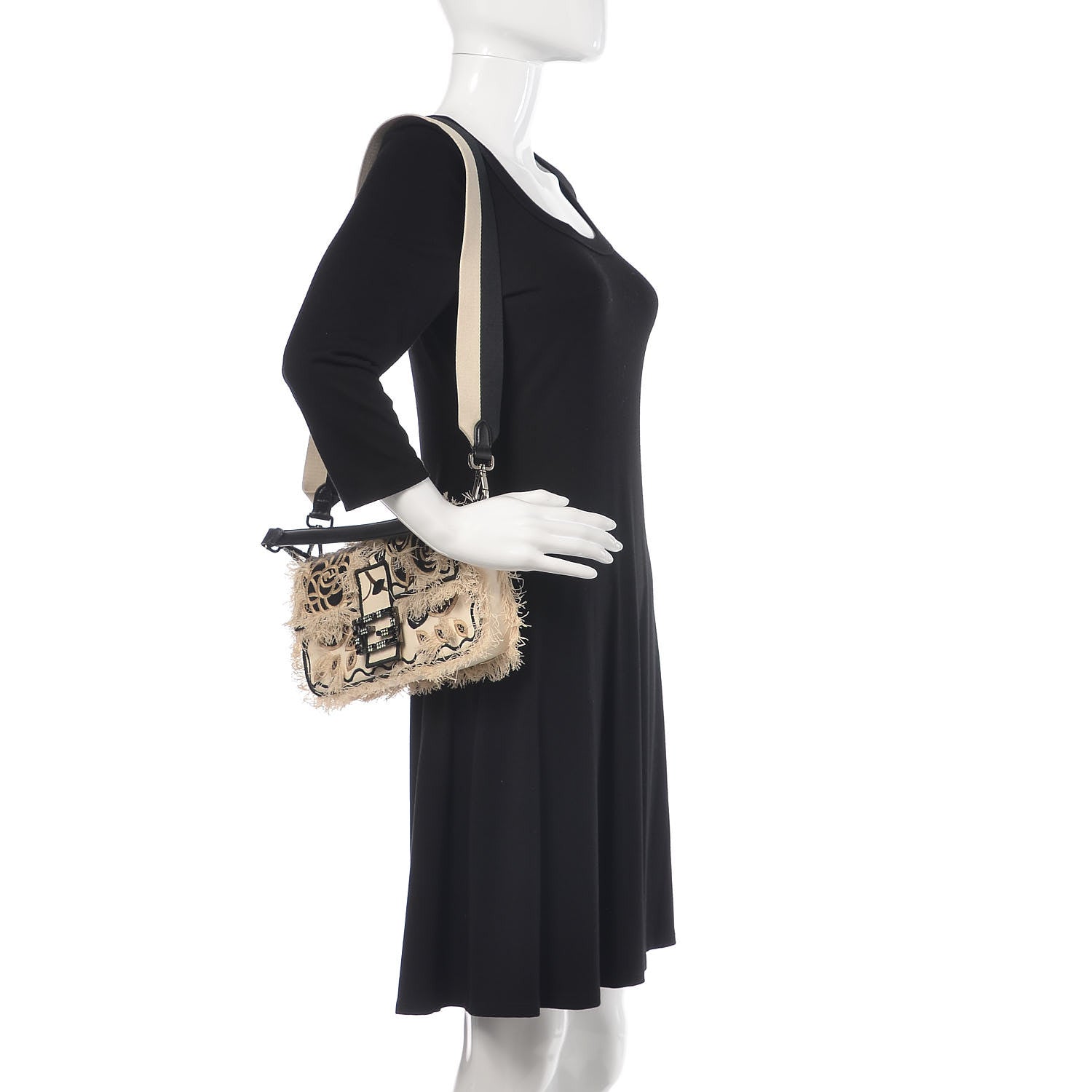 Fendi Canvas Nappa Rose Embroidered Baguette Grezzo Black 4 of 9