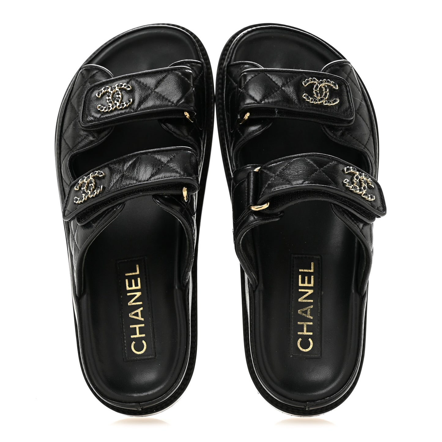 Lambskin Quilted Velcro Dad Chain CC Slide Sandals 36 Black