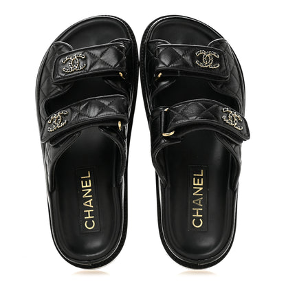 Chanel Lambskin Quilted Velcro Dad Chain CC Slide Sandals 36 Black 2 of 10