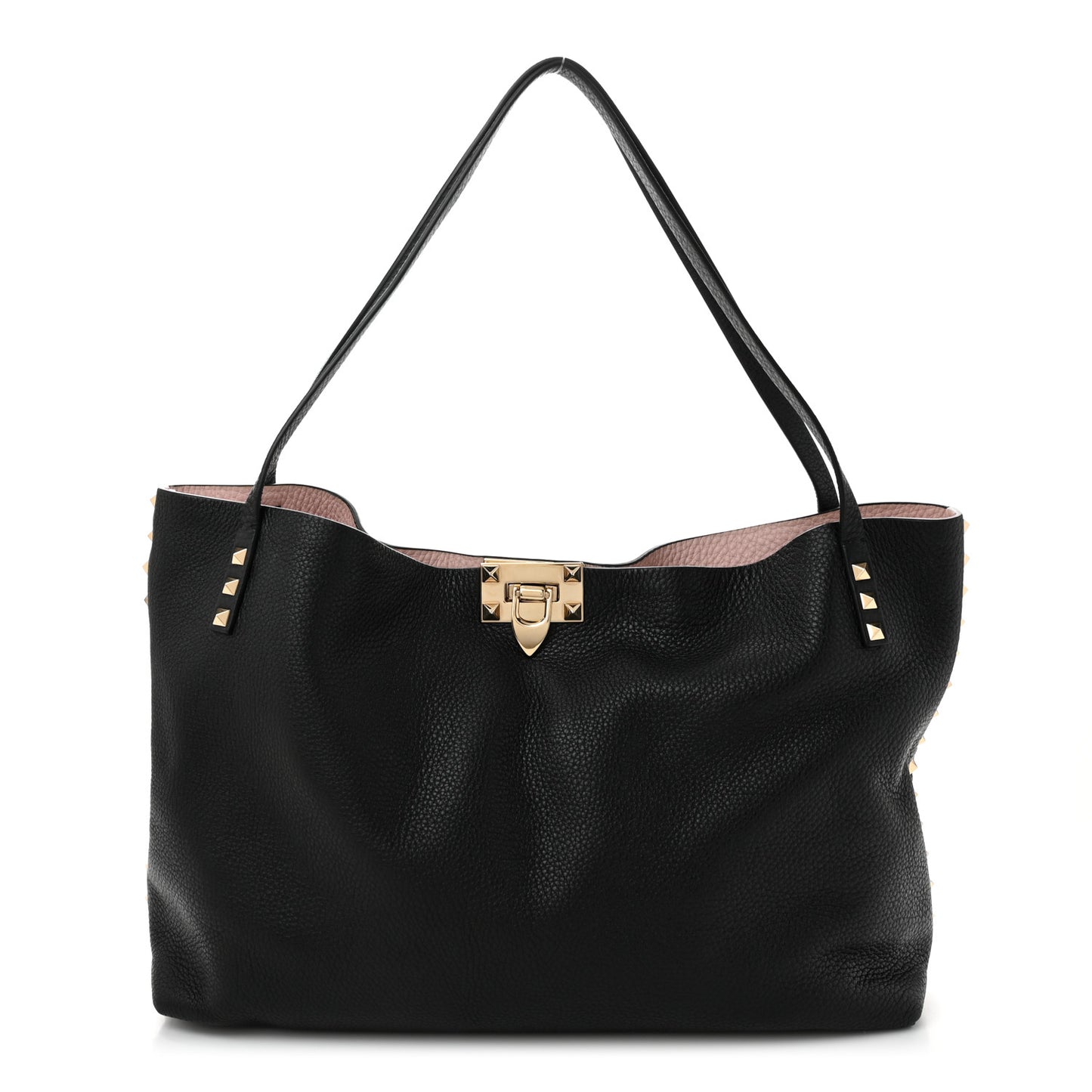 Grained Calfskin Rockstud Flip Lock Tote Black Rose Quartz