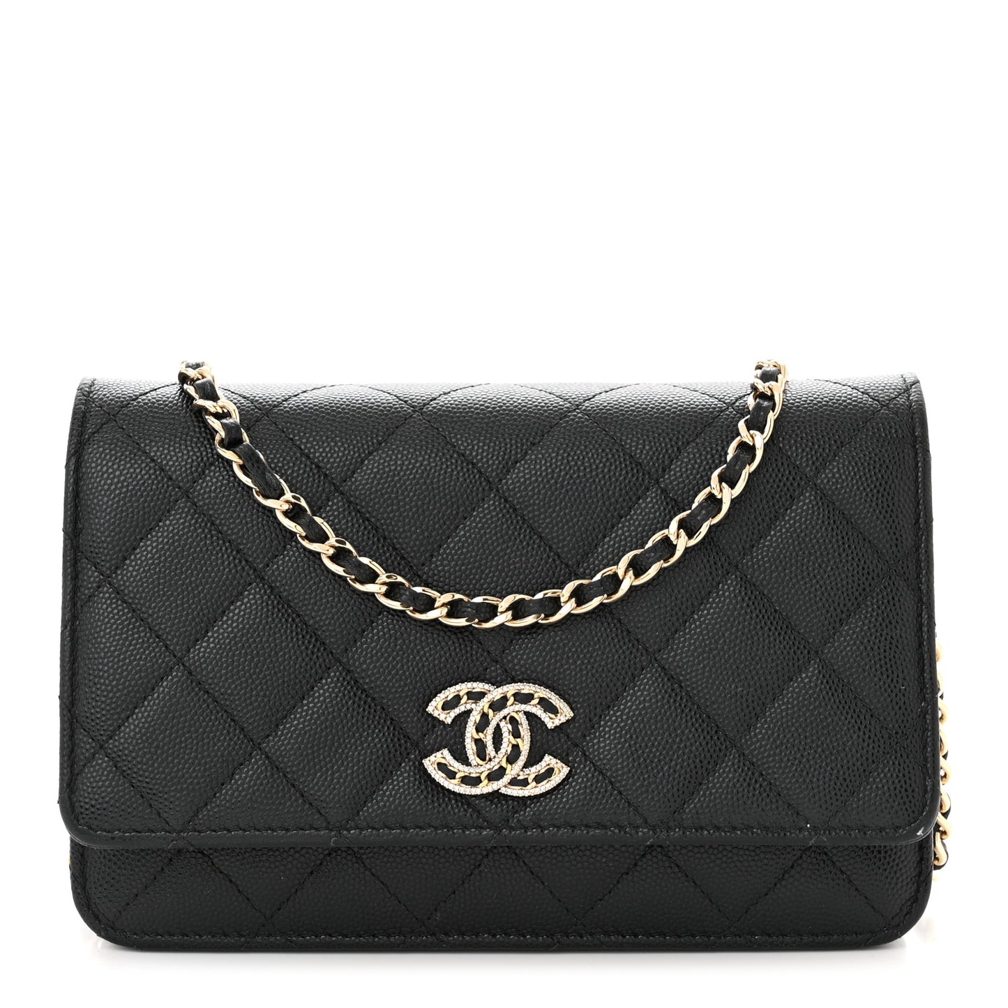 Caviar Quilted Crystal CC Wallet On Chain WOC Black