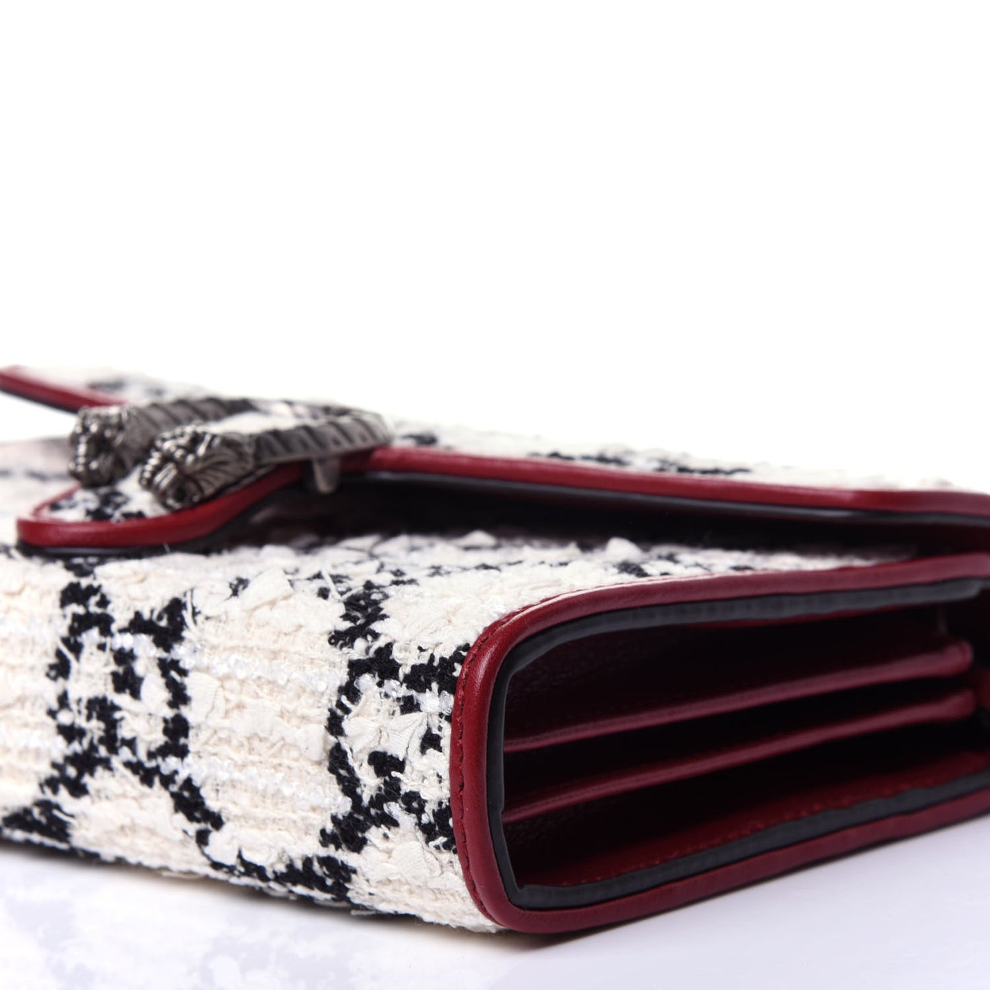 Tweed GG Monogram Mini Dionysus Chain Wallet White Black Romantic Cherry
