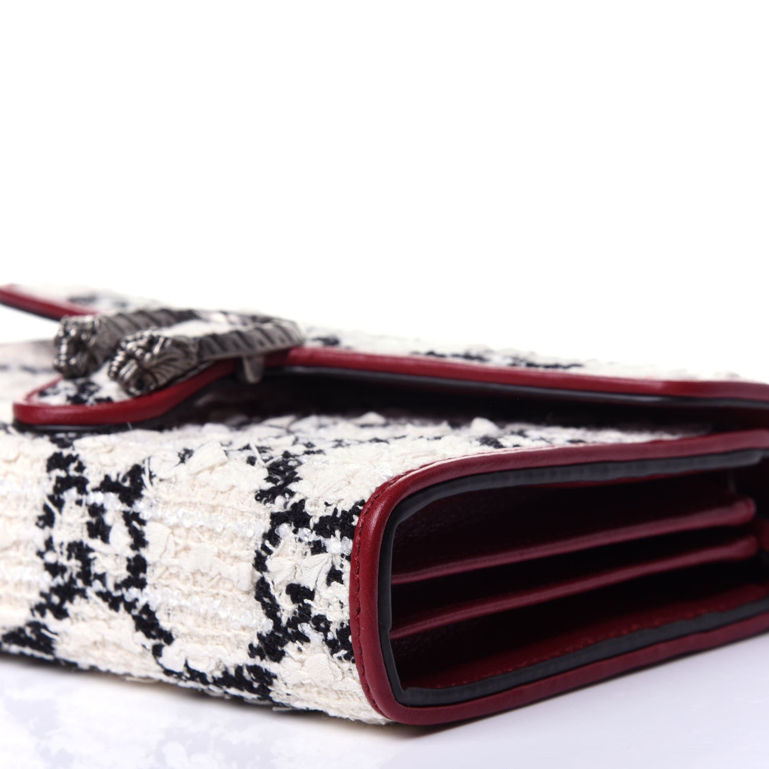 Gucci Tweed GG Monogram Mini Dionysus Chain Wallet White Black Romantic Cherry 8 of 12