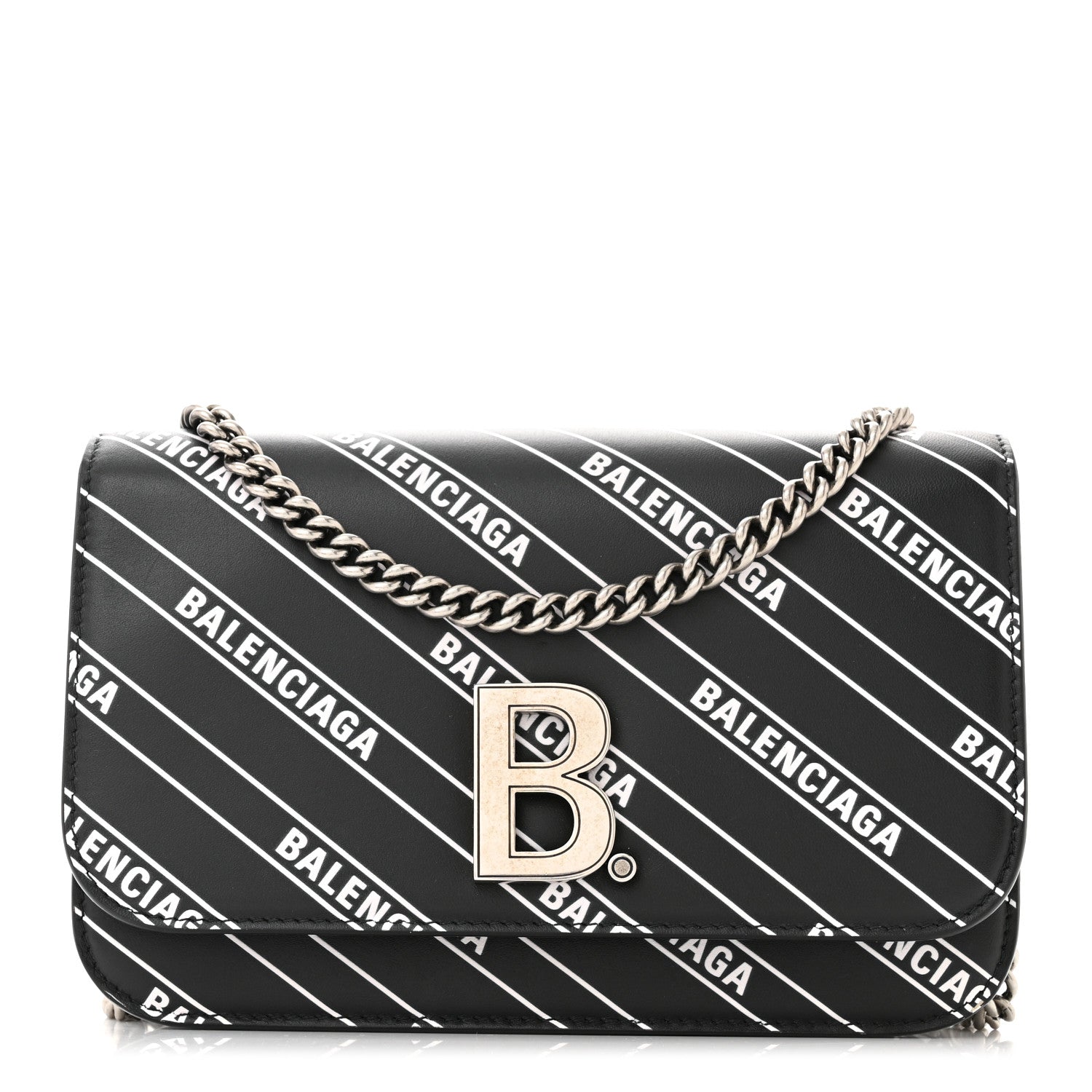 Balenciaga Matte Calfskin Diagonal Allover Logo Print B Wallet on Chain Black White 1 of 9