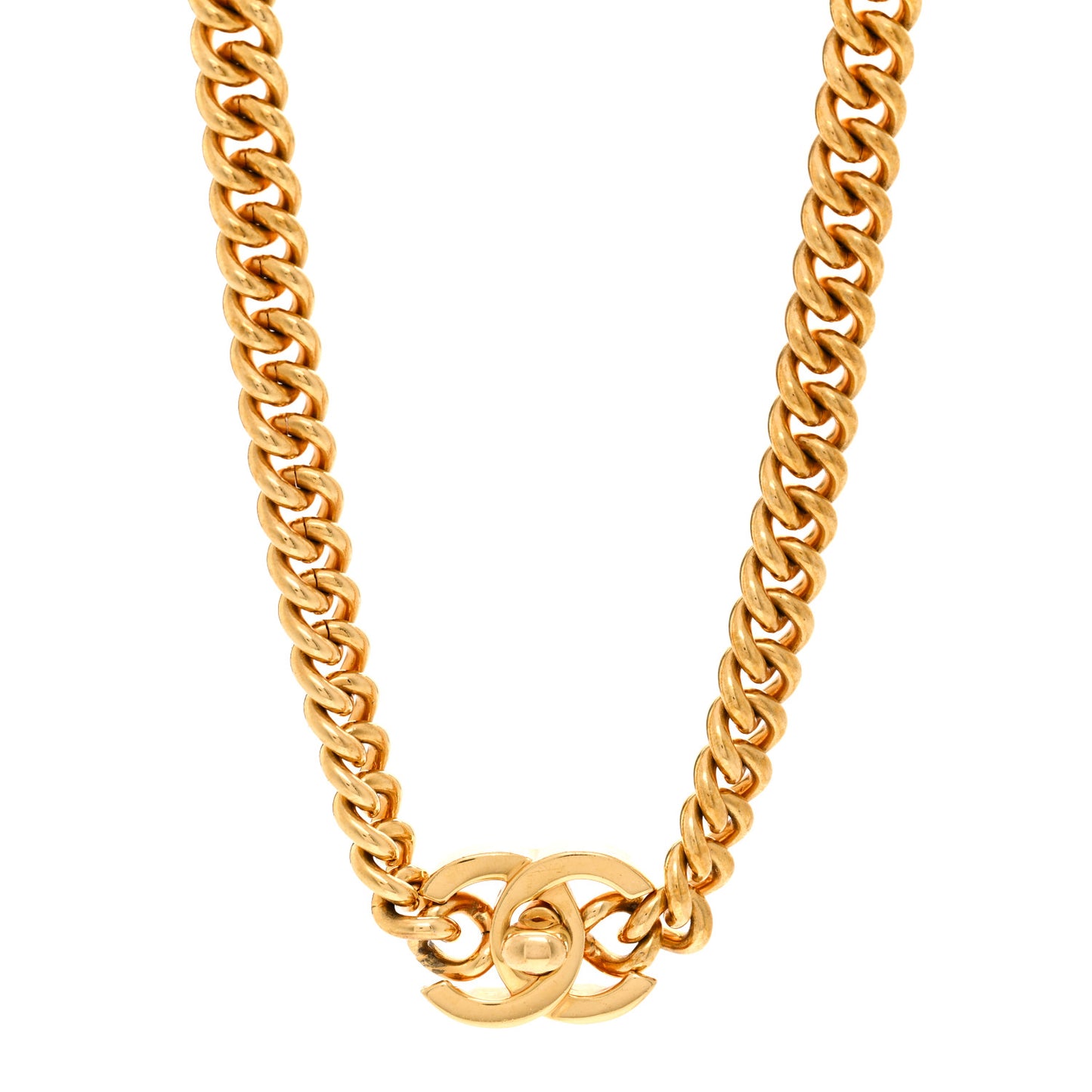 Chain Link CC Turn Lock Choker Necklace Gold Gold