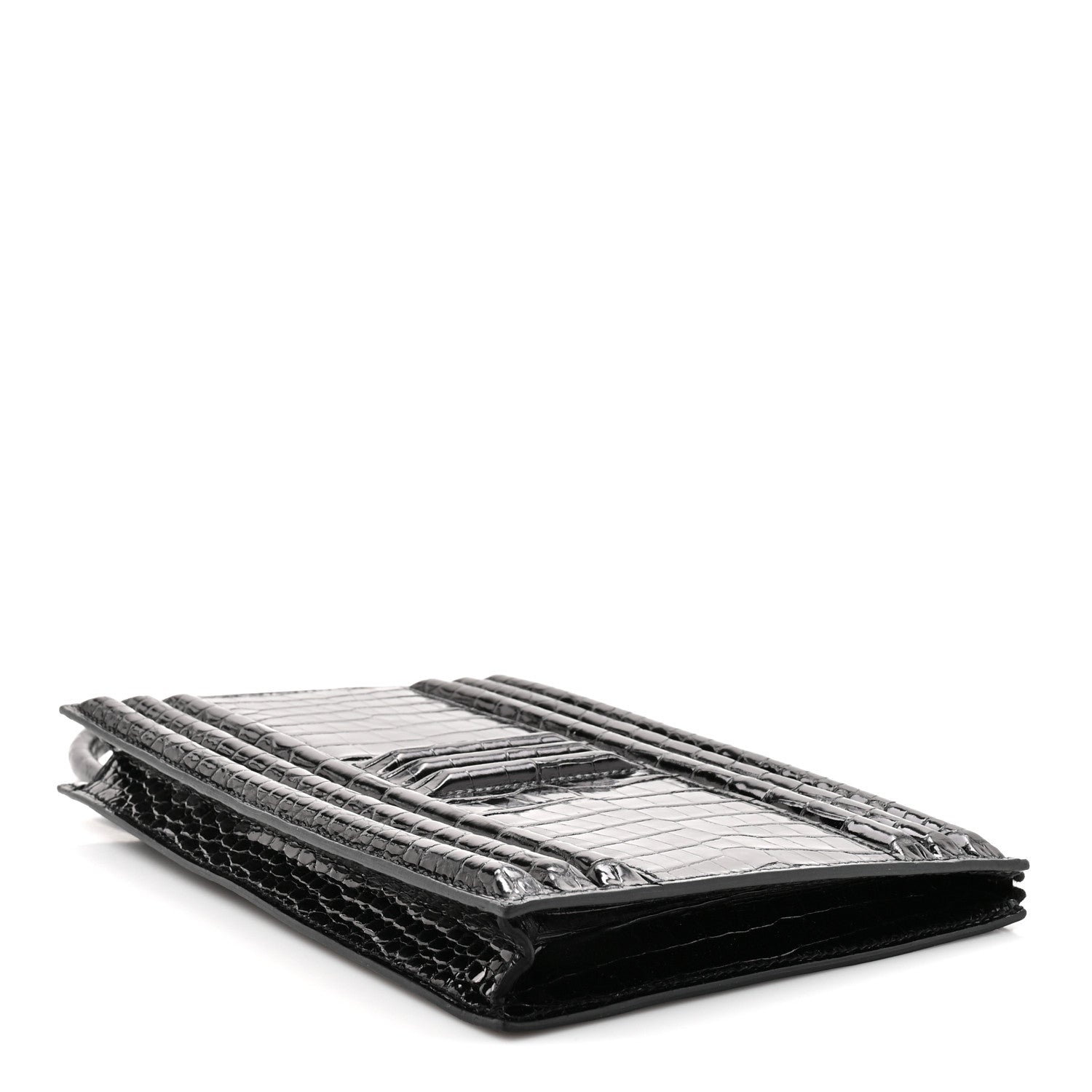 Hermes Shiny Porosus Crocodile Lisse Kelly Cadena Clutch Black