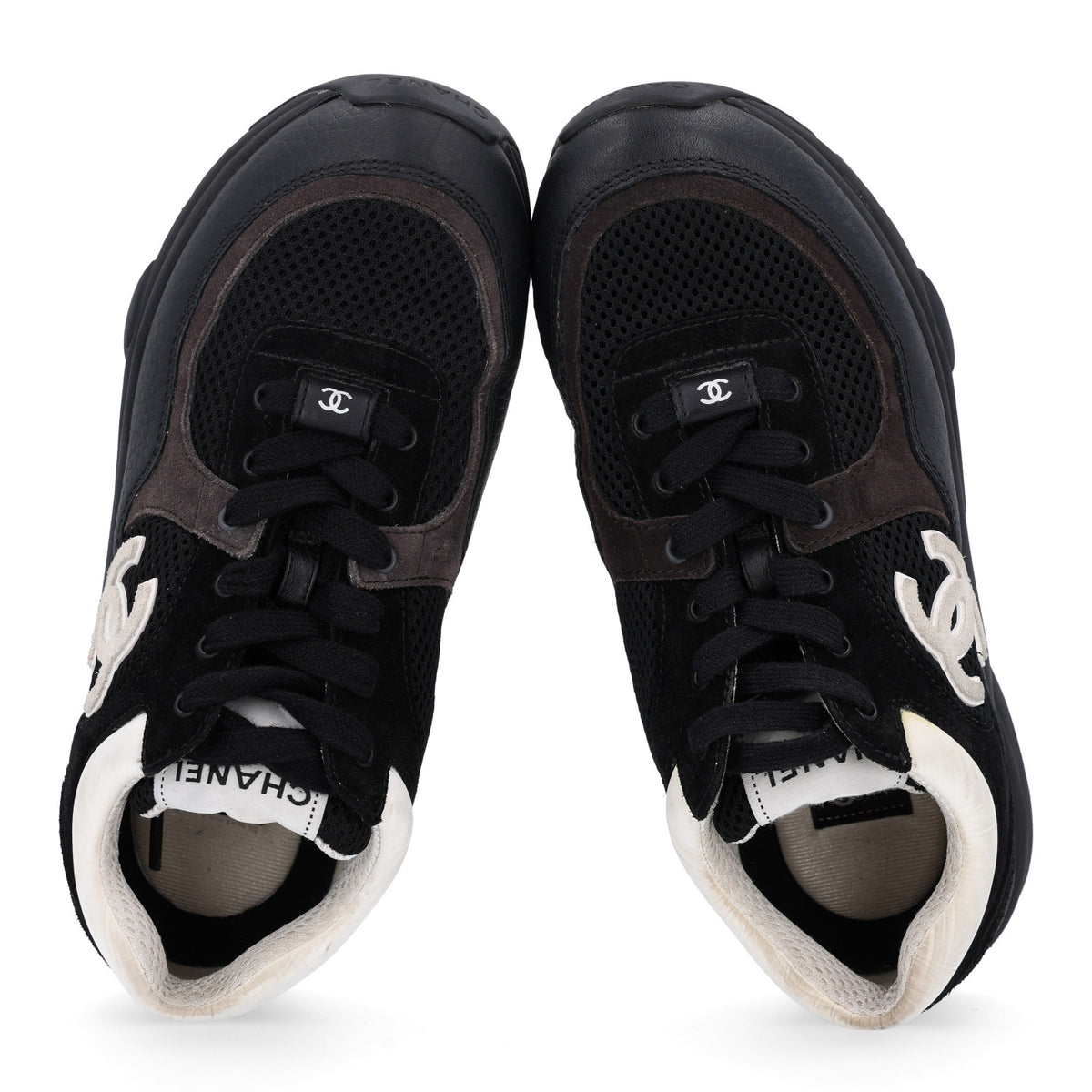 Mesh Suede Grained Calfskin Womens CC Sneakers 36 Black White