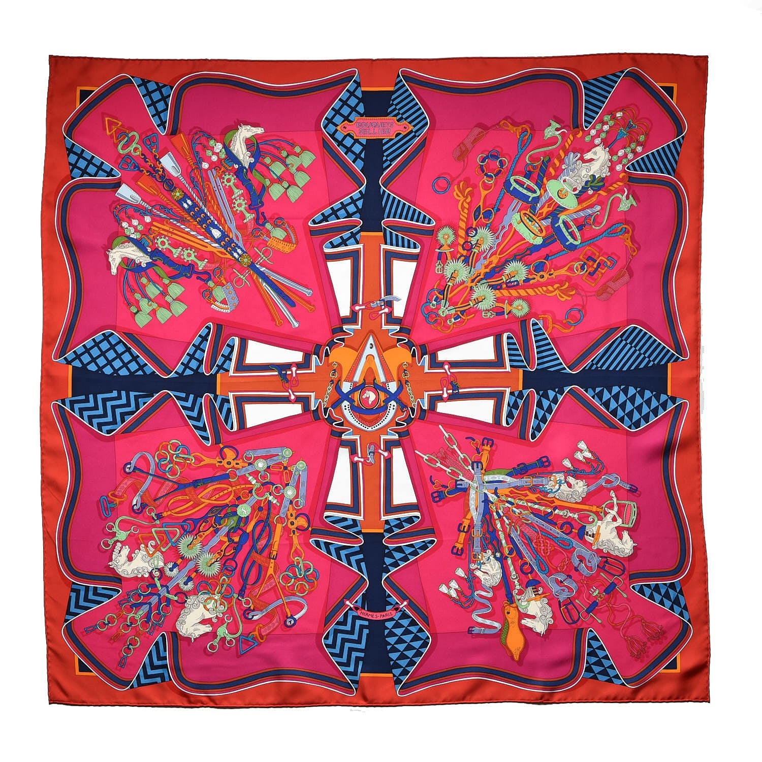 Hermes Silk Bouquets Sellier Scarf 90 Rouge Fuchsia Bleu 1 of 7