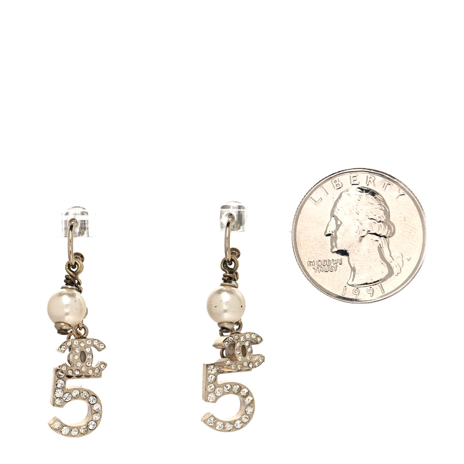 Chanel Pearl Crystal CC No 5 Drop Earrings Gold White 2 of 3