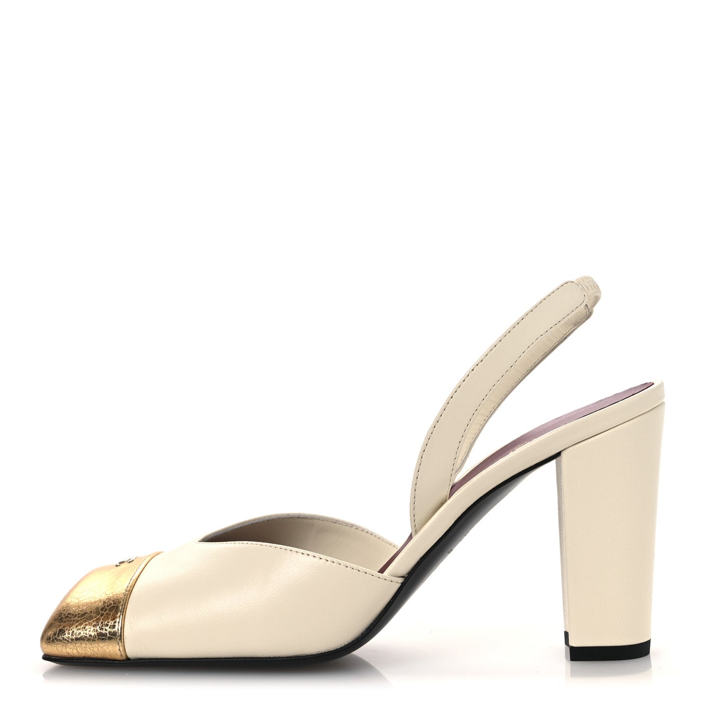 Lambskin Metallic Crackled Calfskin Square Cap Toe CC Slingback Pumps 38.5 Ivory Gold