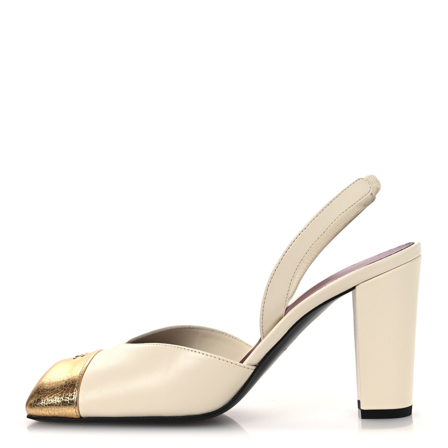 Chanel Lambskin Metallic Crackled Calfskin Square Cap Toe CC Slingback Pumps 38.5 Ivory Gold 1 of 11