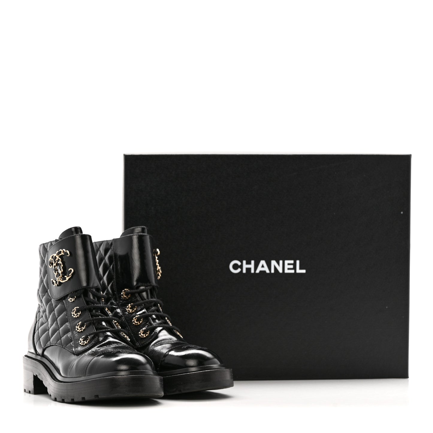 Shiny Calfskin Quilted Lace Up Combat Boots 39 Black