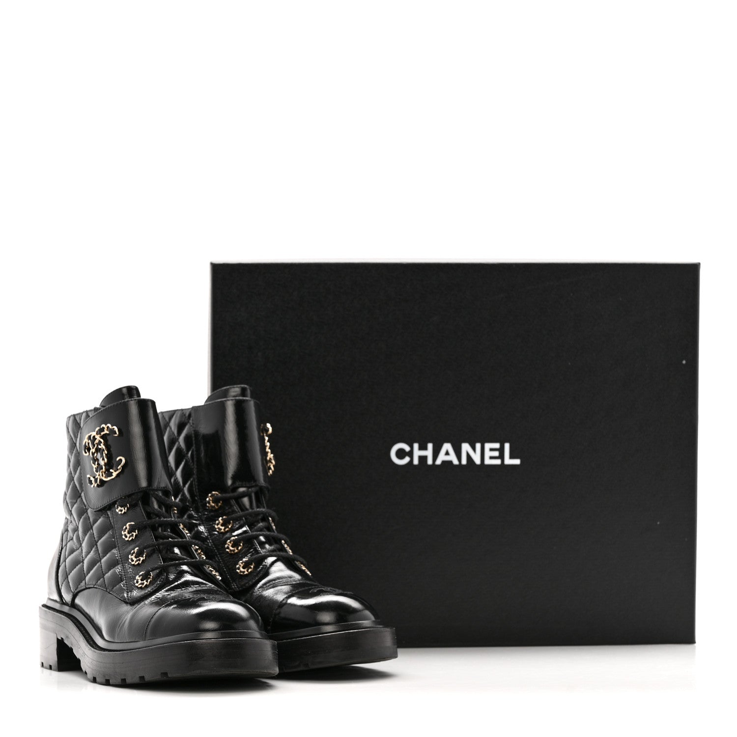 Chanel Shiny Calfskin Quilted Lace Up Combat Boots 39 Black 9 of 9