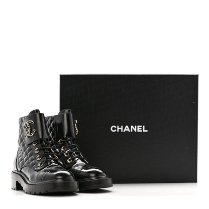Chanel Shiny Calfskin Quilted Lace Up Combat Boots 39 Black 9 of 9