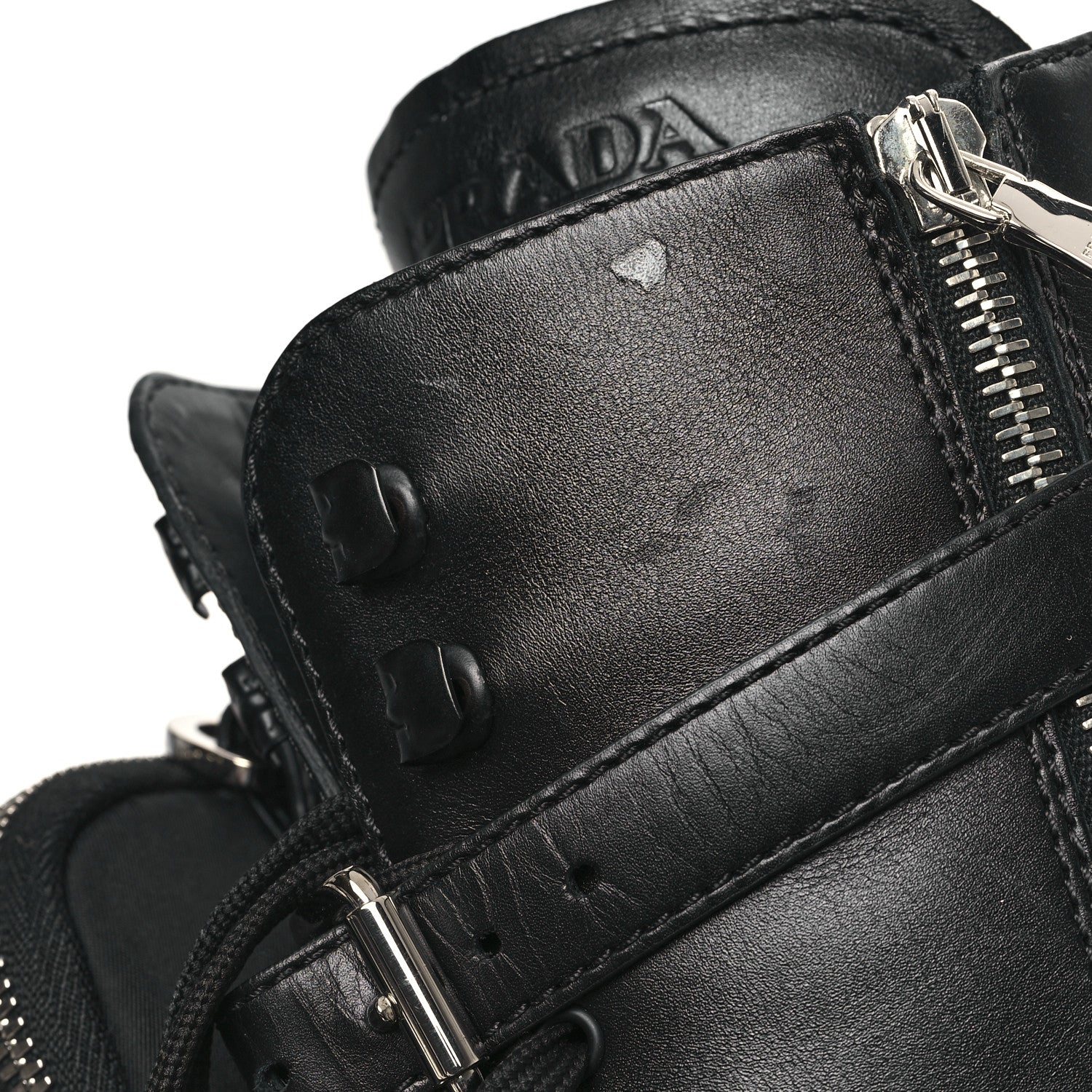 Prada Spazzolato Rois Re-Nylon Metal Triangle Logo Monolith Pouch Pocket 55mm Tall Combat Boots 40 Black 9 of 9