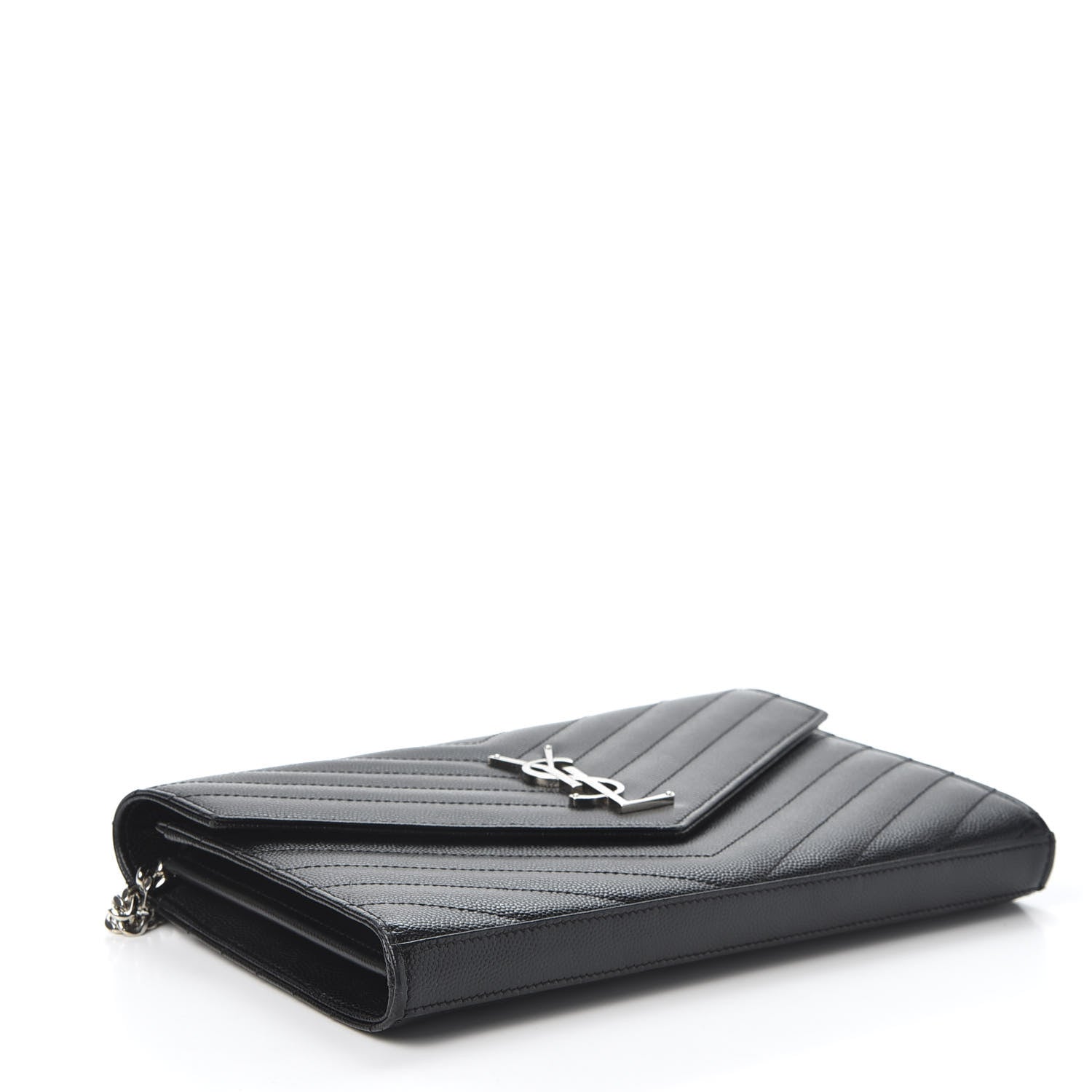 Saint Laurent Grain De Poudre Matelasse Chevron Monogram Chain Wallet Black 3 of 9