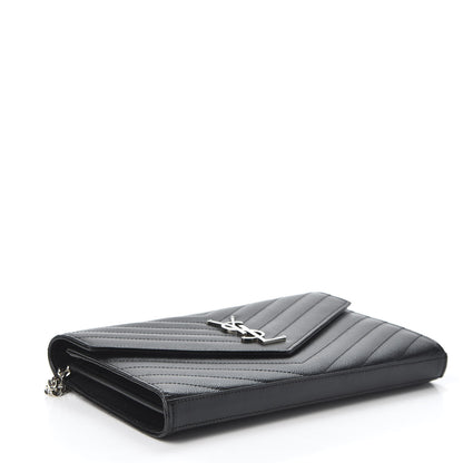 Saint Laurent Grain De Poudre Matelasse Chevron Monogram Chain Wallet Black 3 of 9