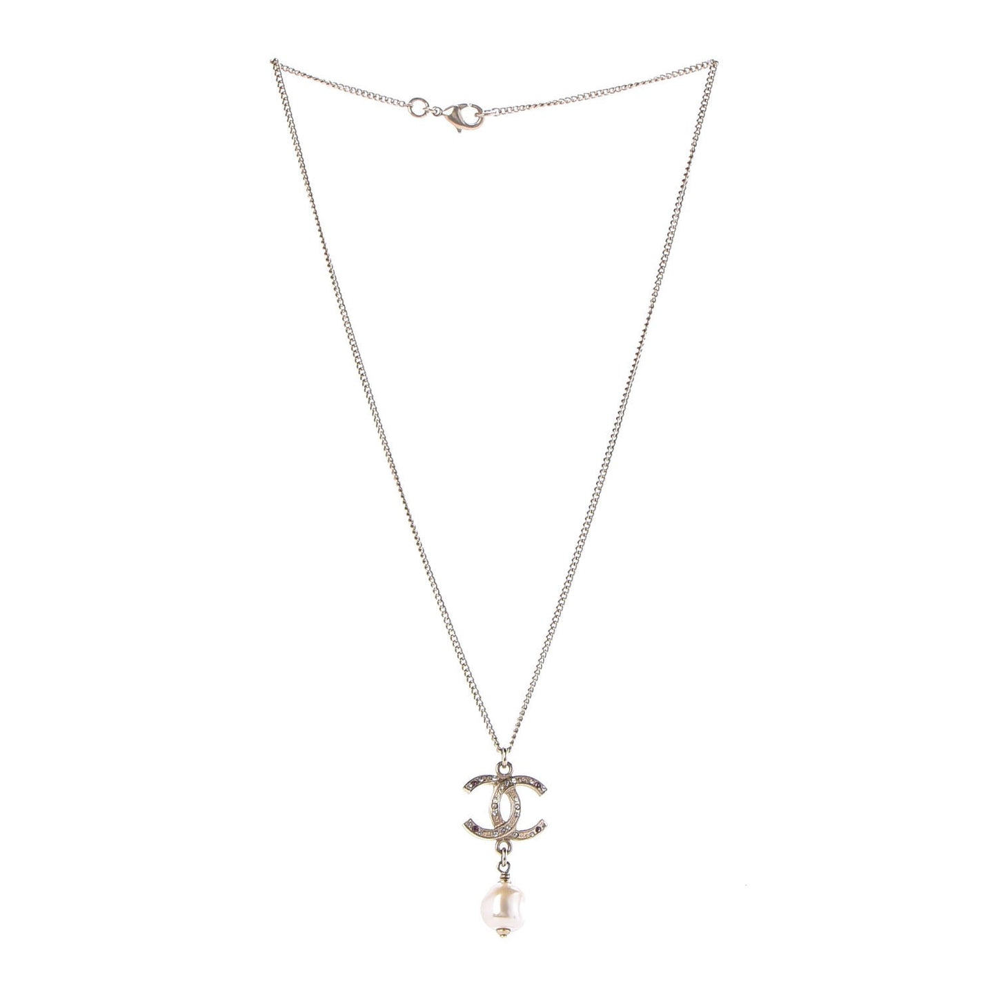 Pearl Crystal CC Drop Necklace Light Gold