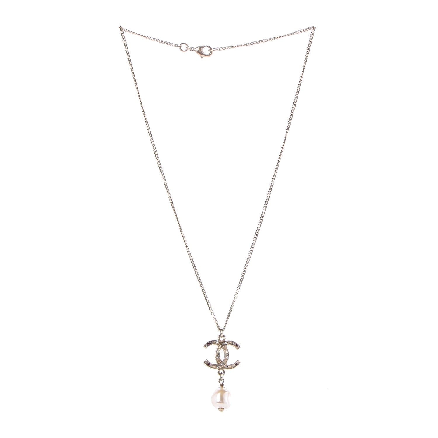 Chanel Pearl Crystal CC Drop Necklace Light Gold 3 of 5