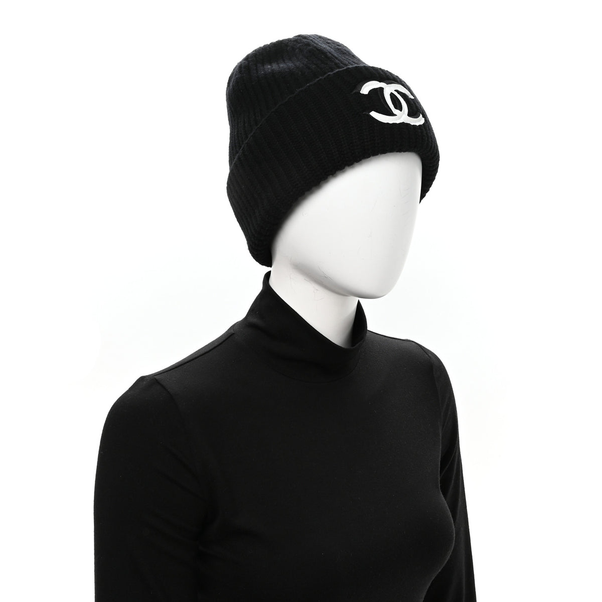 Chanel Wool Cashmere CC Beanie Hat Light Black White 2 of 6