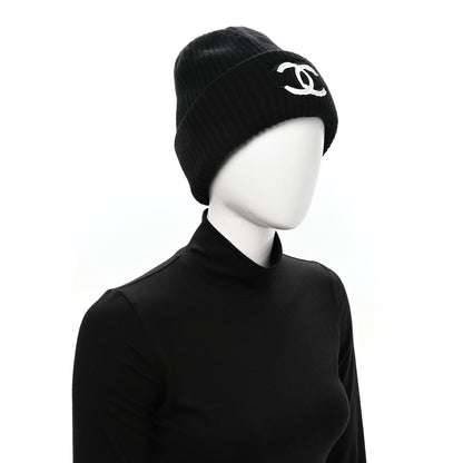 Chanel Wool Cashmere CC Beanie Hat Light Black White 2 of 6