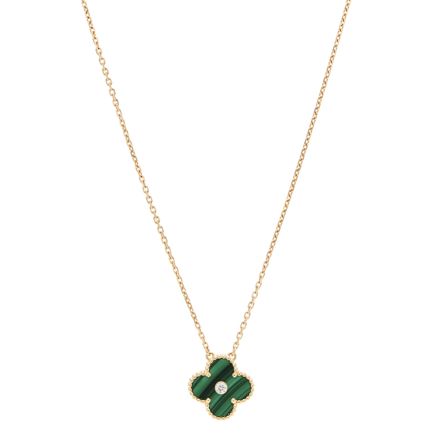 18K Yellow Gold Diamond Malachite Vintage Alhambra Pendant Necklace