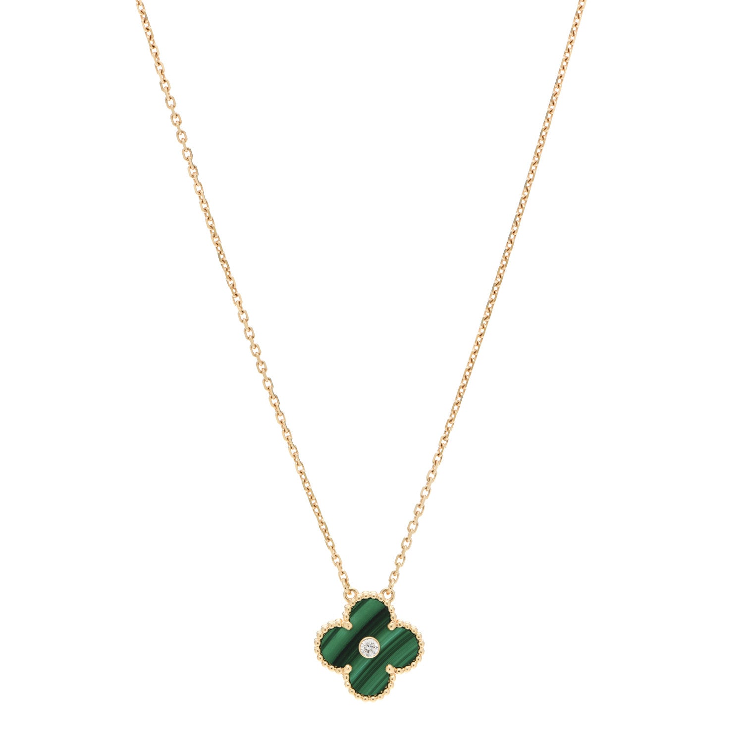 Van Cleef & Arpels 18K Yellow Gold Diamond Malachite Vintage Alhambra Pendant Necklace 1 of 8