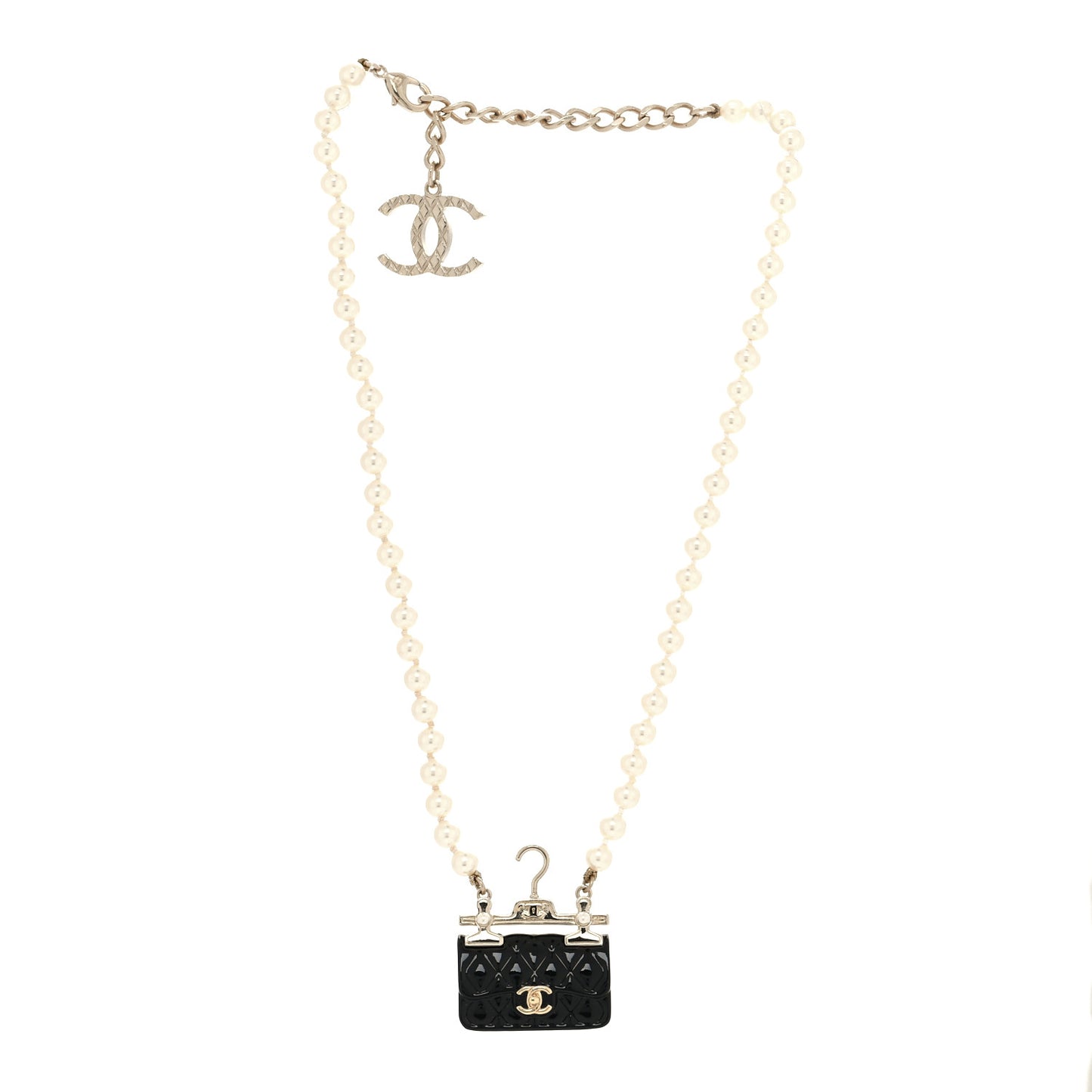 Pearl Metal Resin Quilted Flap Bag Necklace Gold Black Pearly White