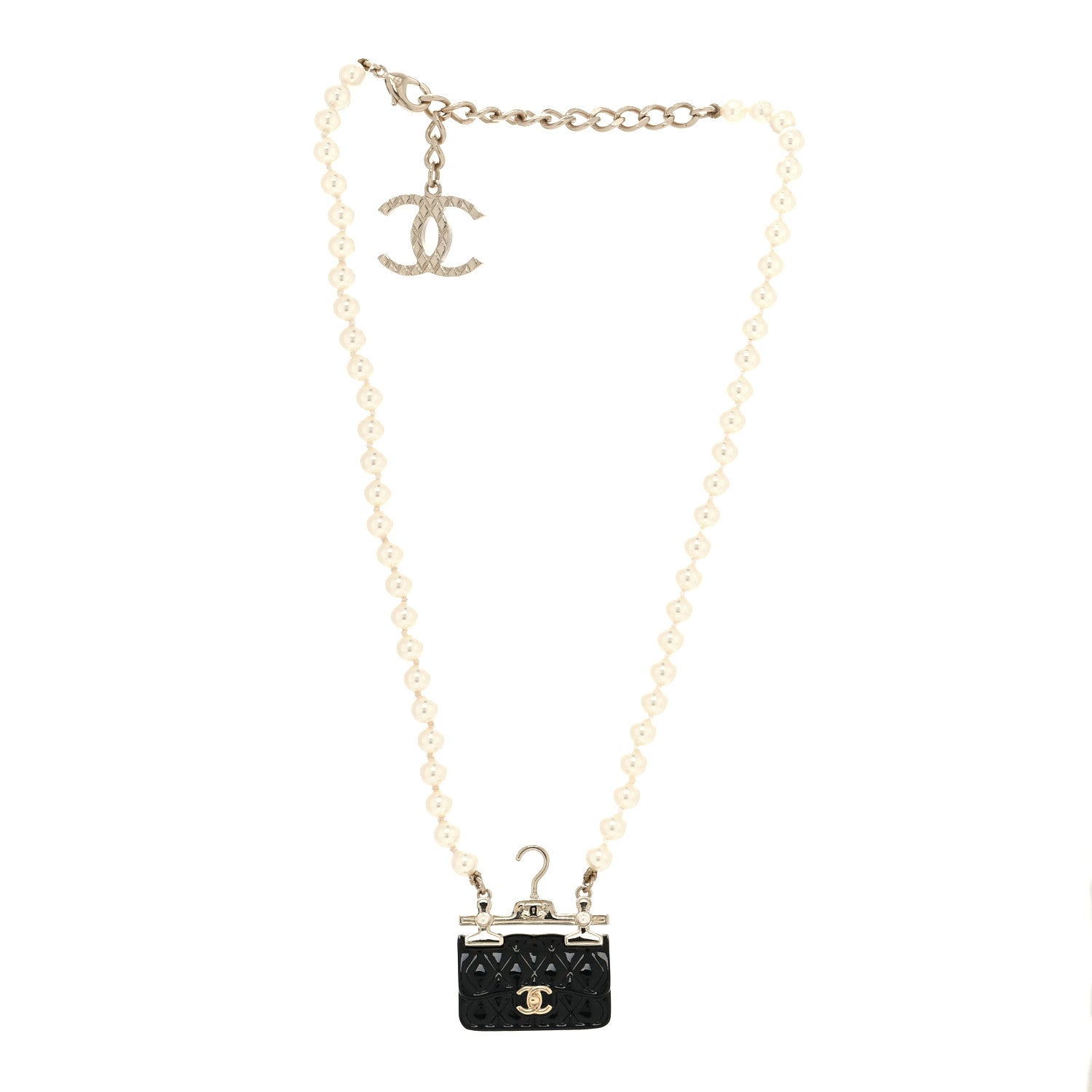 Chanel Pearl Metal Resin Quilted Flap Bag Necklace Gold Black Pearly White 3 of 5