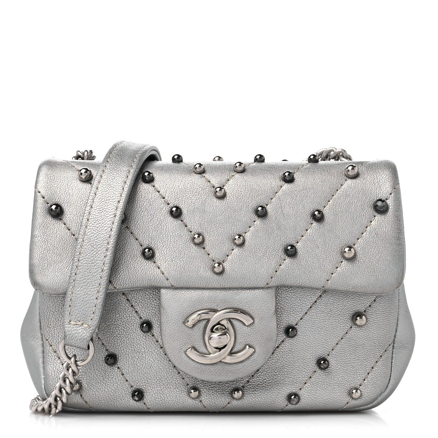 Metallic Lambskin Chevron Quilted Studded Extra Mini Flap Silver
