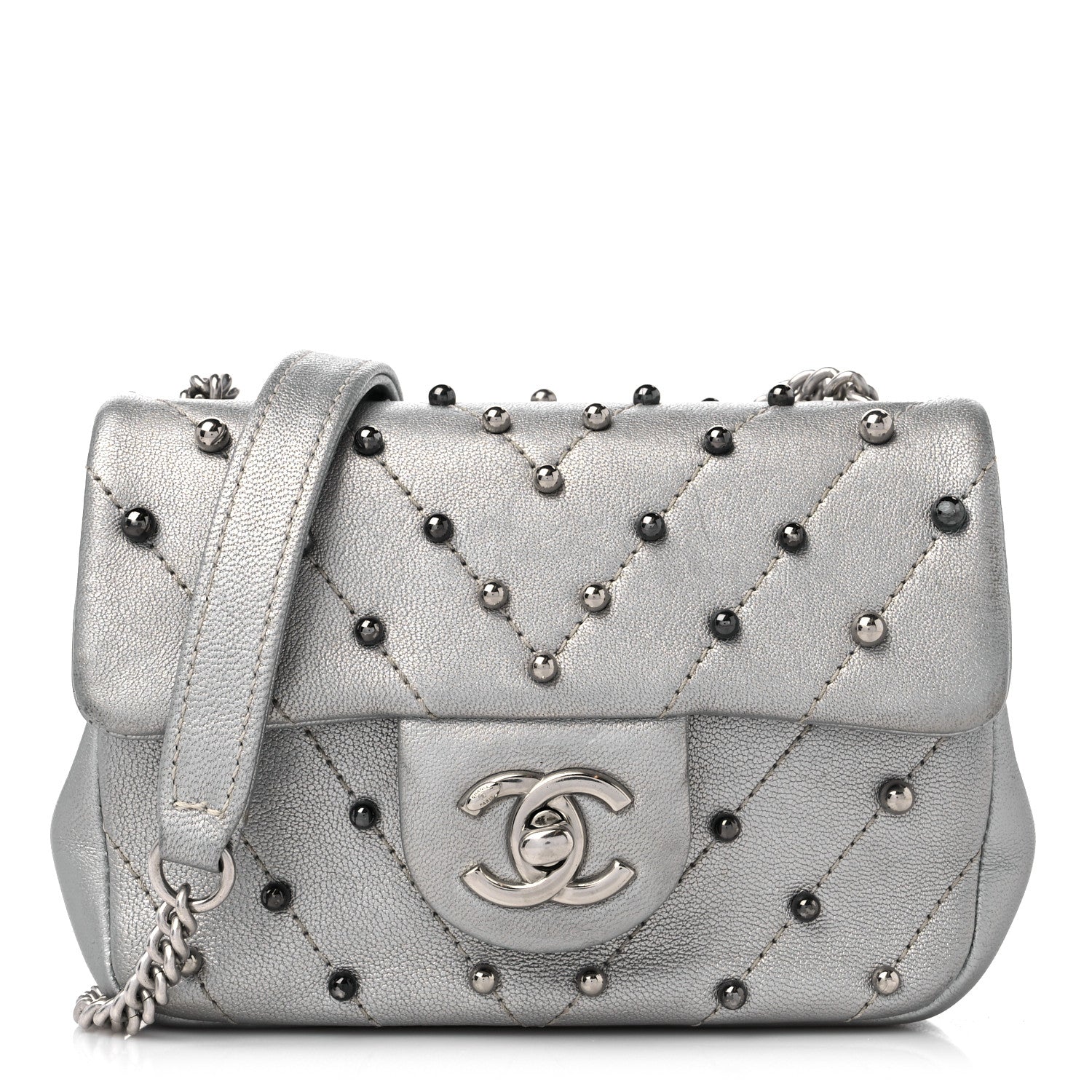 Chanel Metallic Lambskin Chevron Quilted Studded Extra Mini Flap Silver 1 of 13