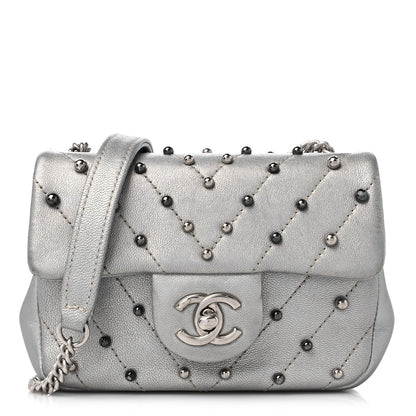 Chanel Metallic Lambskin Chevron Quilted Studded Extra Mini Flap Silver 1 of 13